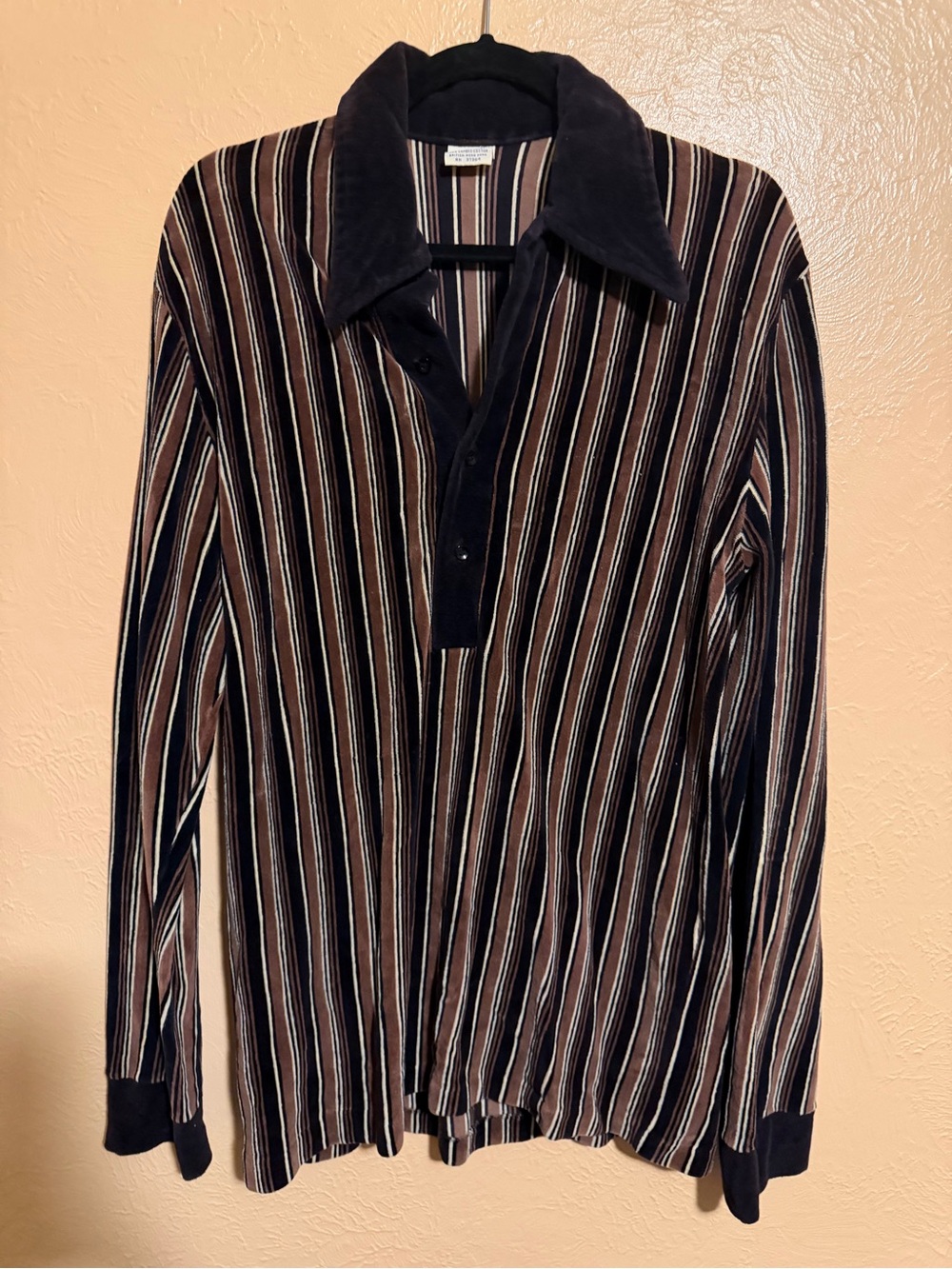 Vtg Men's Long-Sleeve Striped Polo Shirt - Black & Brown